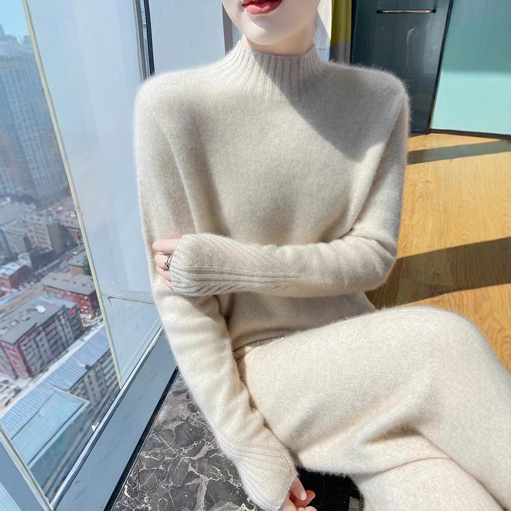 

Women s 100% Wool Slim Fit Knitted Sweater with Hole Sleeve - Warm, Trendy, Thick Half-High Neck Pullover S (fits 45-48 kg)