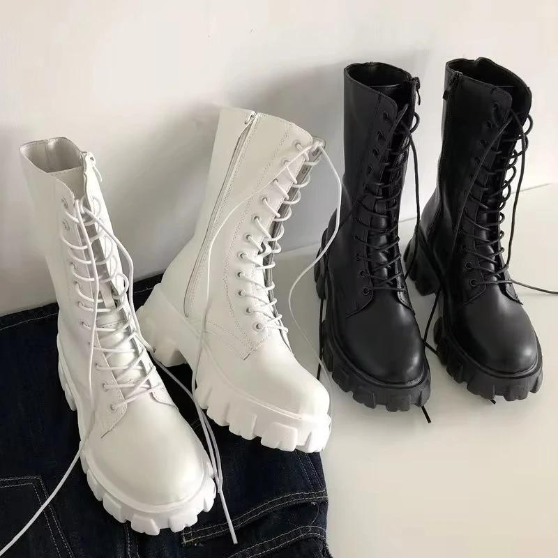 Fashion New Mid Calf Boots Women Autumn Winter Fashion Lace-up Ladies Chelsea Zipper Botas Mujer Boots Sports Platform Heel Ladies Shoes