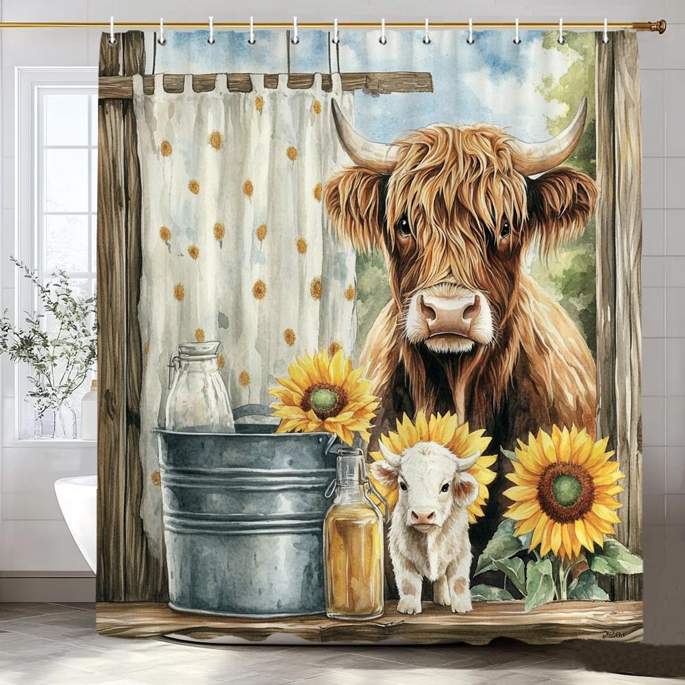 

Cute Highland Cow Shower Curtain,Farmhouse Rustic Cow Animal Floral Bathroom Curtain,Decorative Fabric Home Curtain With Hooks W60H190(CM)-1 Pcs