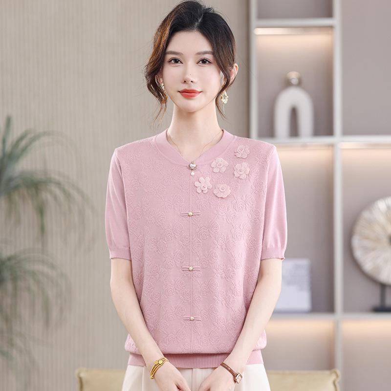 

3D Embossed Floral Knit Short Sleeve Top for Middle-Aged & Elderly Mothers 4XL (suggested 135-150 jin) рожевий