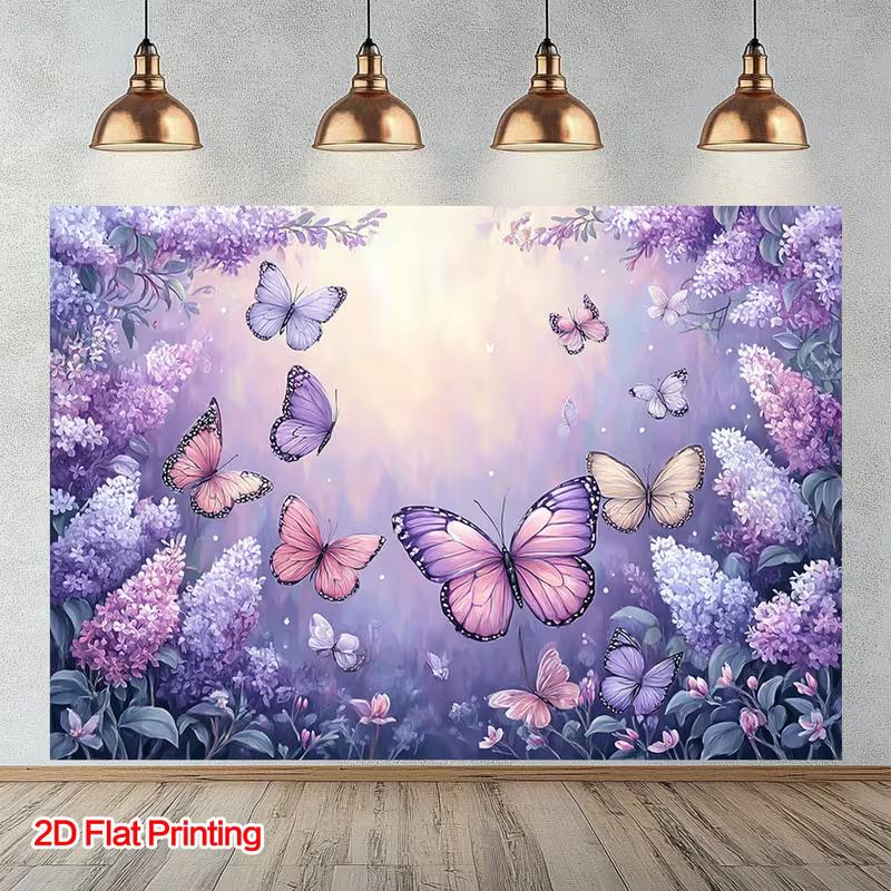 2D Dreamy Purple Floral Backdrop Butterflies & Lilac Flowers Photography Background 47.2x31.5inch/120*80cm
