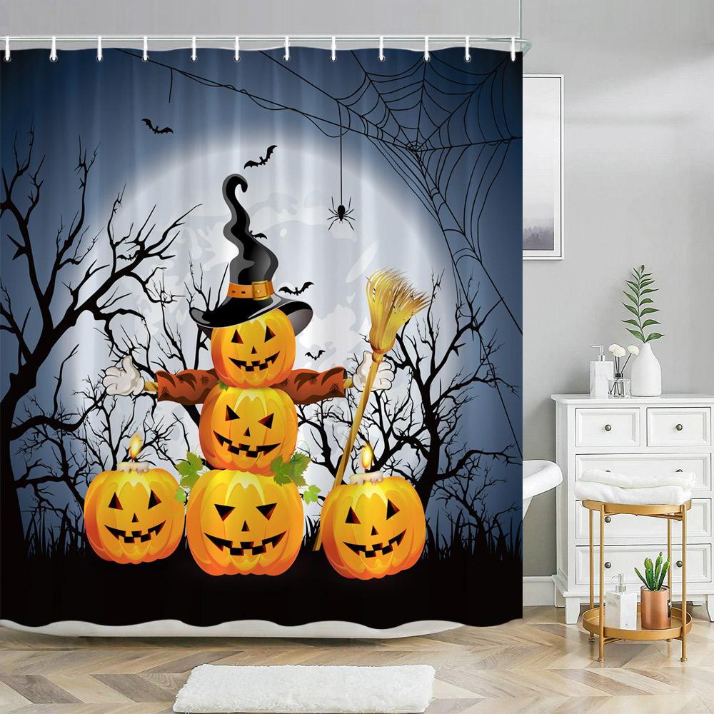 Scary Halloween Shower Curtains Black Cat Pumpkin Shower Curtain Witch Purple Bat Spider Web Cloth Shower Curtain Bathroom Decor