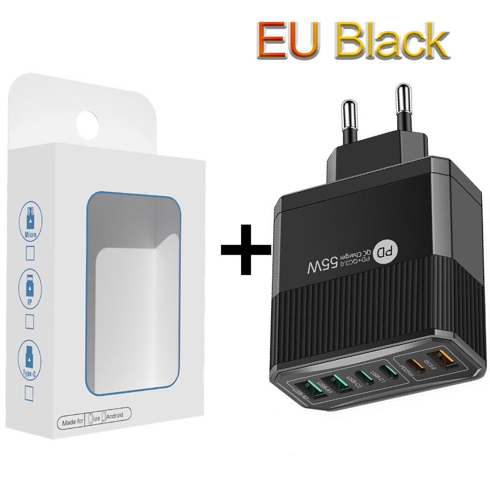 55W QC 3.0 Six-Port Fast Mobile Charger with PD, USB Ports, EU/US/UK Compatibility