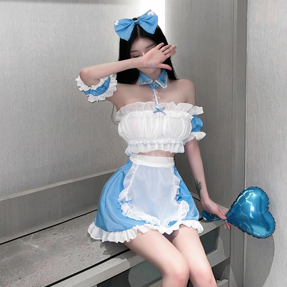 Maid Sexy Blue Mini Extreme 6 Piece Set [YAISHN] Costume, Cosplay, Lace, Frills, See-Through, Skirt, Cosplay, Halloween, T-Back, Exposure, Erotic,