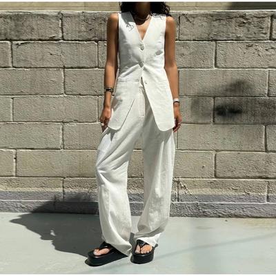 Fashion Women's Vest Top Trouser Suits Sleeveless V-Neck Straight Pants Lady Set 2025 Spring Summer Elegant 2 Pieces Set Women