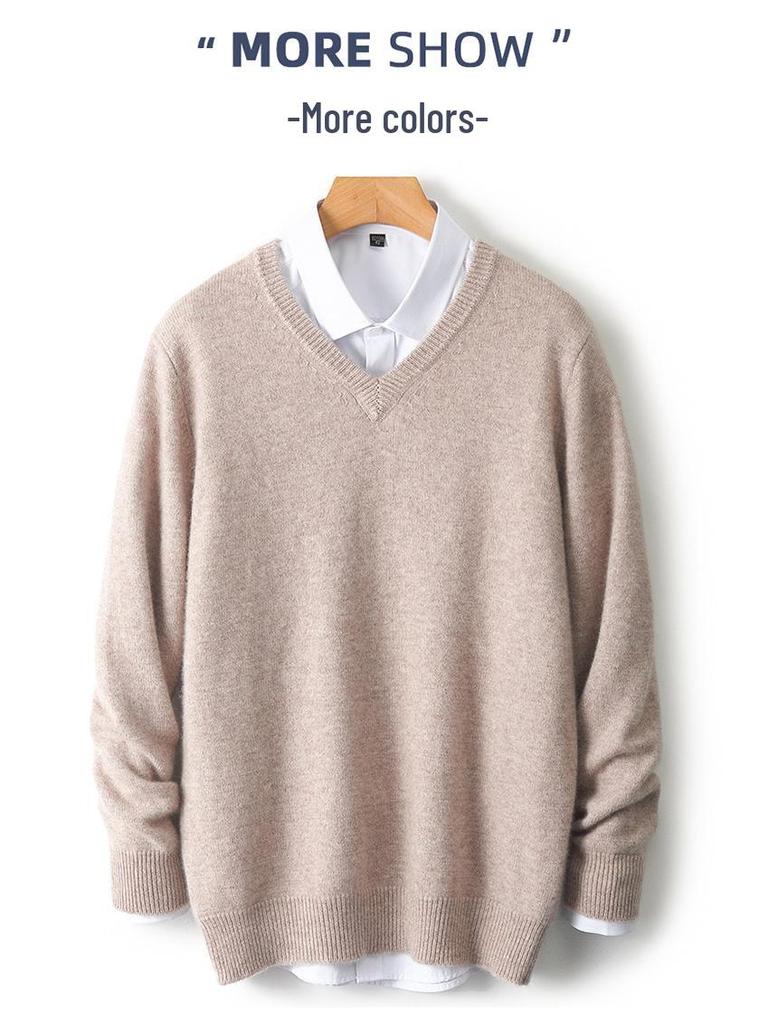 Men's 100% Wool V-Neck Sweater - Solid Color, Loose Fit, Long Sleeve Knitwear