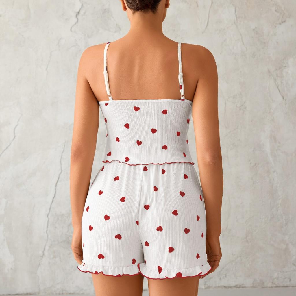 Summer heart print Pajamas Set for Women Homewear Lotus Leaf Edge pijamas Sexy Sling Crop Tops and Shorts 2 Pieces Set Sleepwear