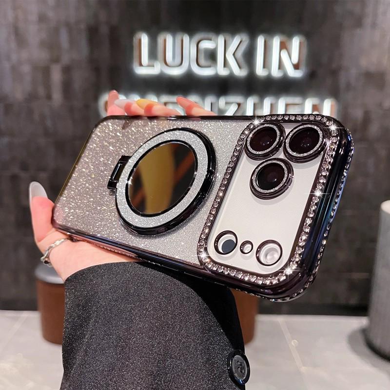 

Чехол для телефона iPhone 17 Pro Max со стразами и блестками, с подставкой-зеркальцем для макияжа и магнитной противоударной конструкцией iPhone X/XS