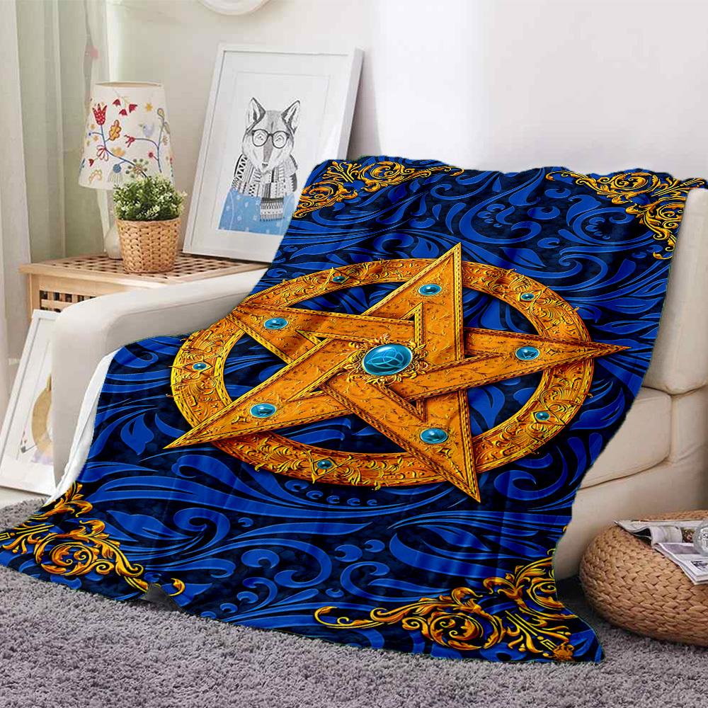 1pc Blue Golden Star Ornament Blanket Lightweight Flannel Blanket Throw Blanket For Sofa, Bed, Travel, Camping, Livingroom, Office, Couch, Chair, And