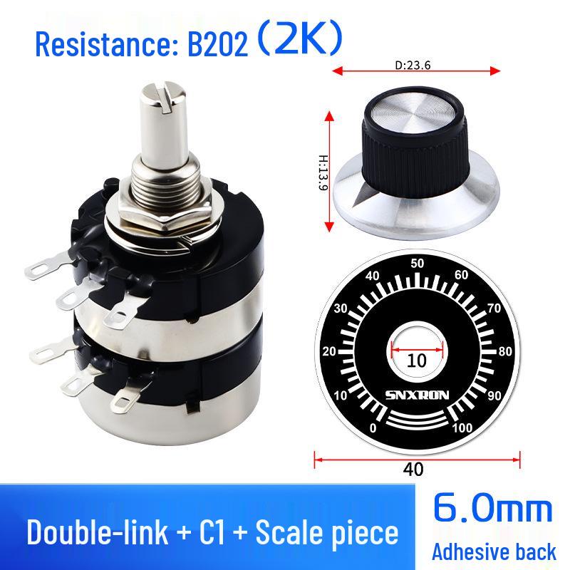 Dual-Gang Carbon Film Potentiometer: RV24YG20S, Variable Frequency Speed Control with B102/202/502 Knob Scale, Available In 5K/20K Ohm.