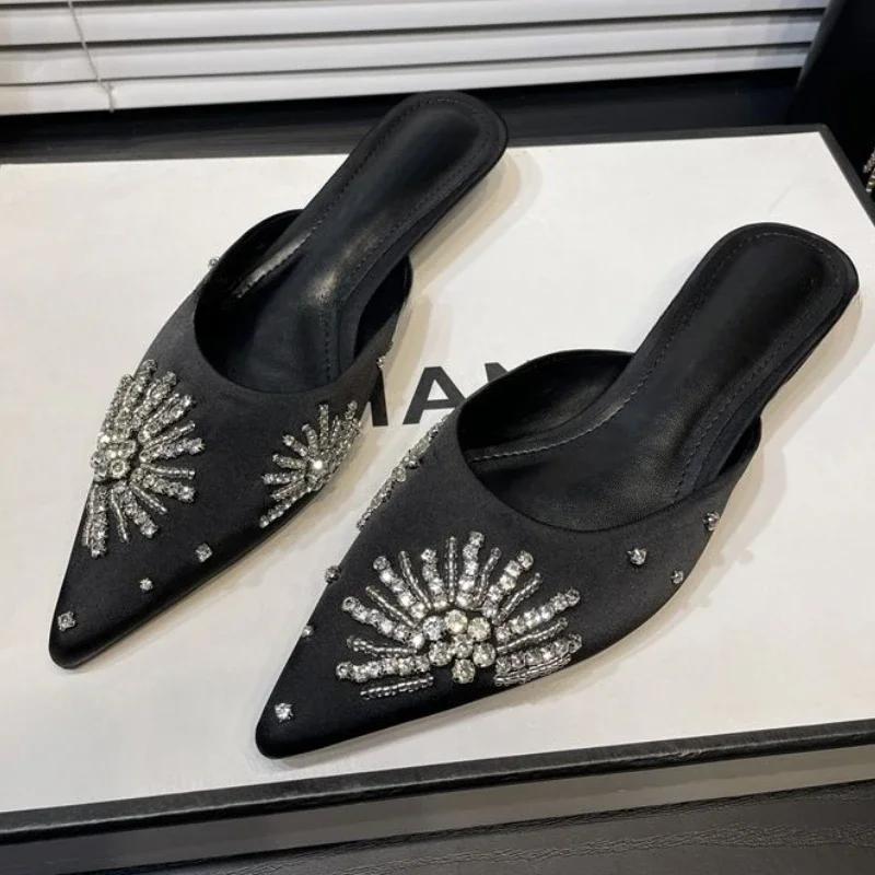 Crystal Women Slippers Elegant Pointed Toe Heeled Sandals Woman Mules Shoes 2025 Summer Fashion Slides Dress Zapatillas De Mujer