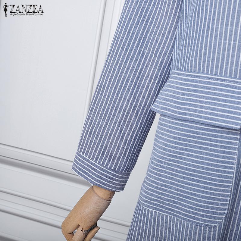 ZANZEA Women Casual Turn Down Collar Loose Long Sleeve Stripe Dress