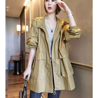 Damen Frühling und Herbst Mittellange Lockere Freizeit Windjacke Einfarbig Schlichtes Design Arbeitskleidung Kapuzenjacke