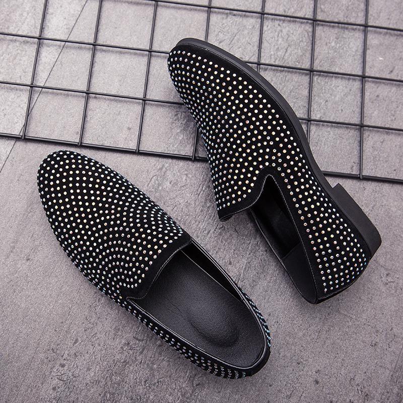 Men s Rhinestone Slip-On Leather Loafers - Pointed Toe, Large Size, British Casual Style. 45