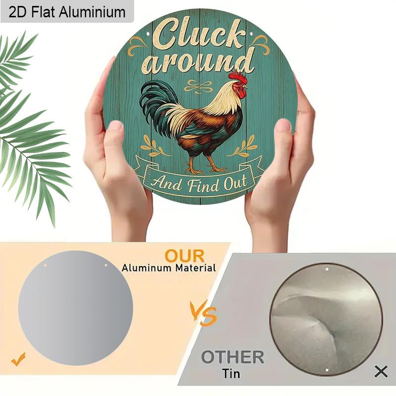 2D Flat Aluminum Funny Chicken Sign Round Metal Sign, Funny Farm Animal Door Hanger for Backyard Barn Fence Decoration, Pre-Drilled Holes for Easy