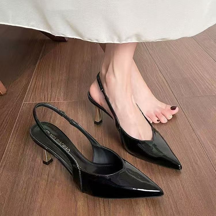 High-heeled baotou kitten heel temperament pointed head half-drag wear thin heel apricot single shoes French stunning sandals 2025 summer