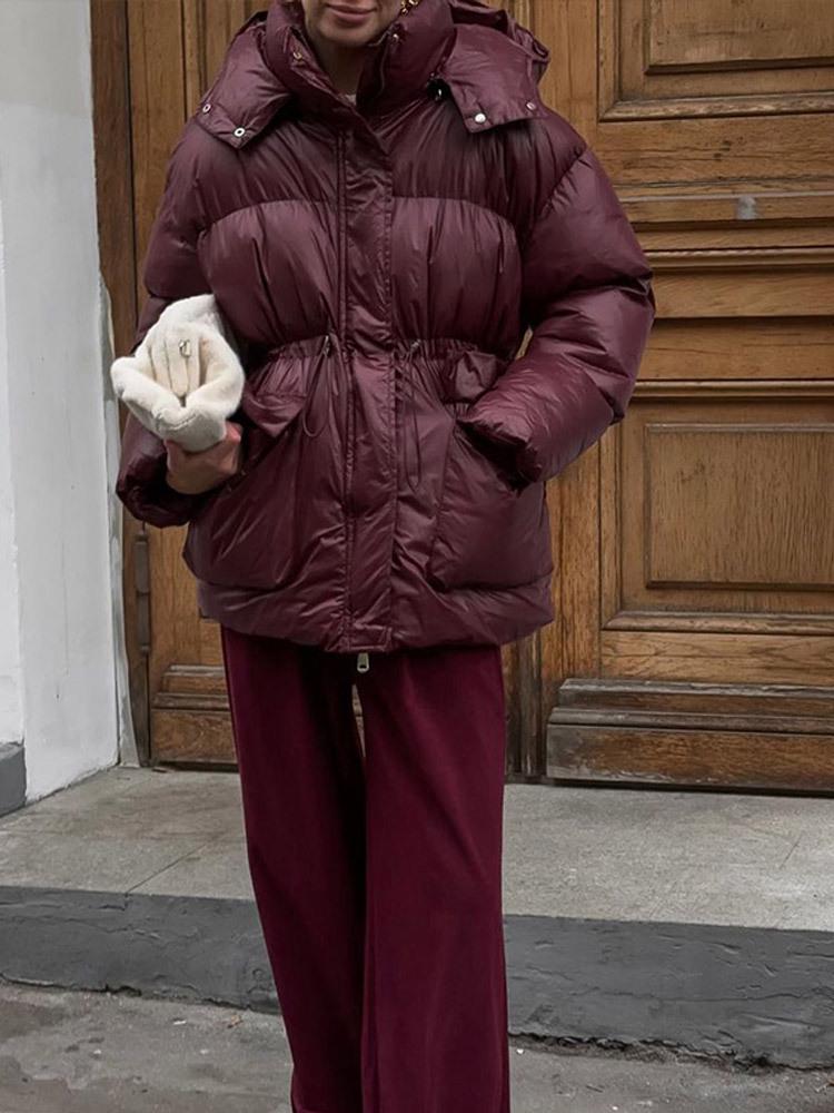 Elegant Solid Color Zipper Hooded Cotton Jacket with Long Sleeves and Pockets - Warm and Thickened for European and American Style.