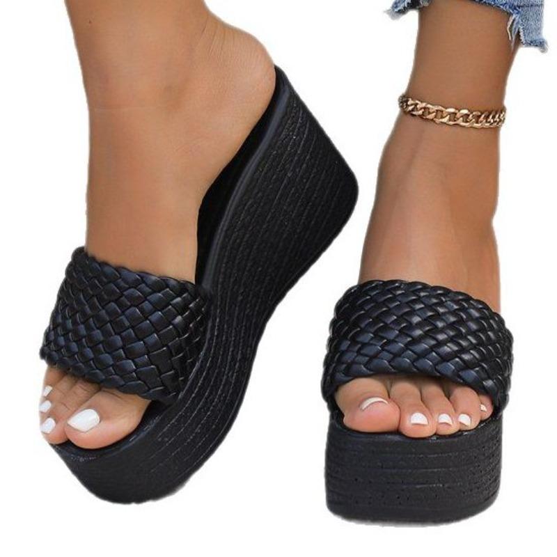 Women's Woven Single Strap Platform Sandals, Plus Size Chunky Heel Beach Slides