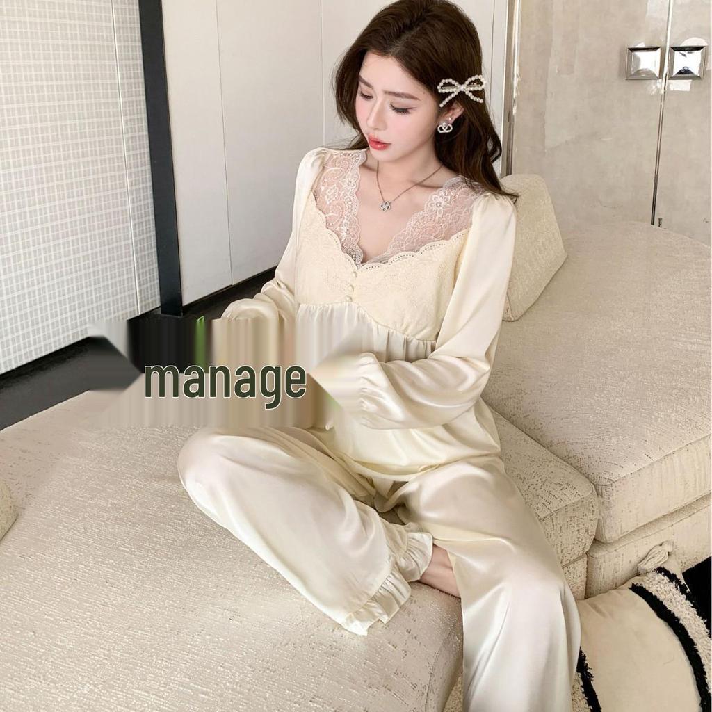 Women's Lace Ice Silk Pajamas with Removable Chest Pads - High-End Court Style for Spring/Autumn