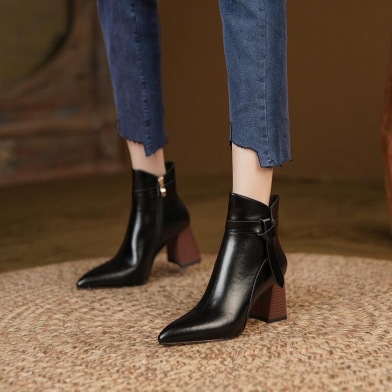 Fashion 2025 Spring Women Boots Split Leather Boots Pointed Toe Chunky Heel Shoes Autumn Zipper Modern Boots for Women High Heel Boots