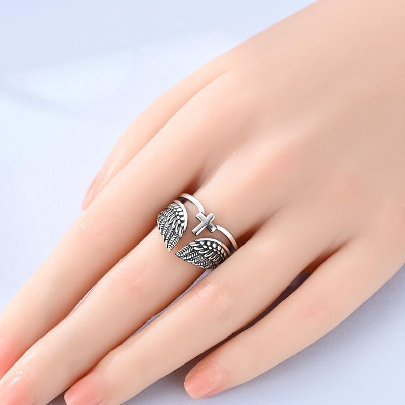 925 Sterling Silver Vintage Angel Wings & Cross Double Band Ring Adjustable Open Ring for Women Girls Daily Wear Jewelry Gift