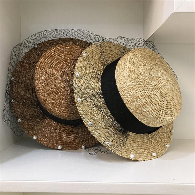 Japan Designer Natural Straw Mesh Pearl Brim Lady Fedoras Hat Women Leisure Panama Jazz Cap