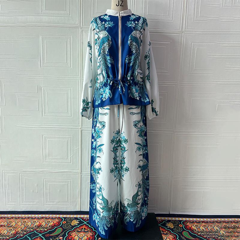 Dámský elegantní top s květinovým potiskem, volného střihu, s krátkým rukávem, se stahováním v pase a set širokých kalhot