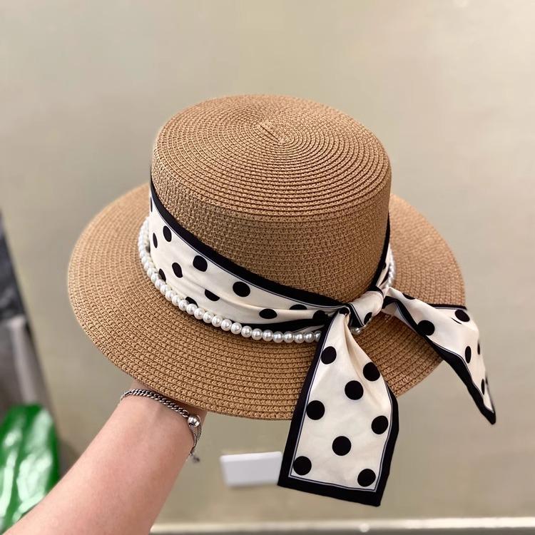 Simple Polka Dot Straw Hat Women's Summer Sunshade Sunscreen Vacation Beach Hat Flat Top White Top Hat Travel