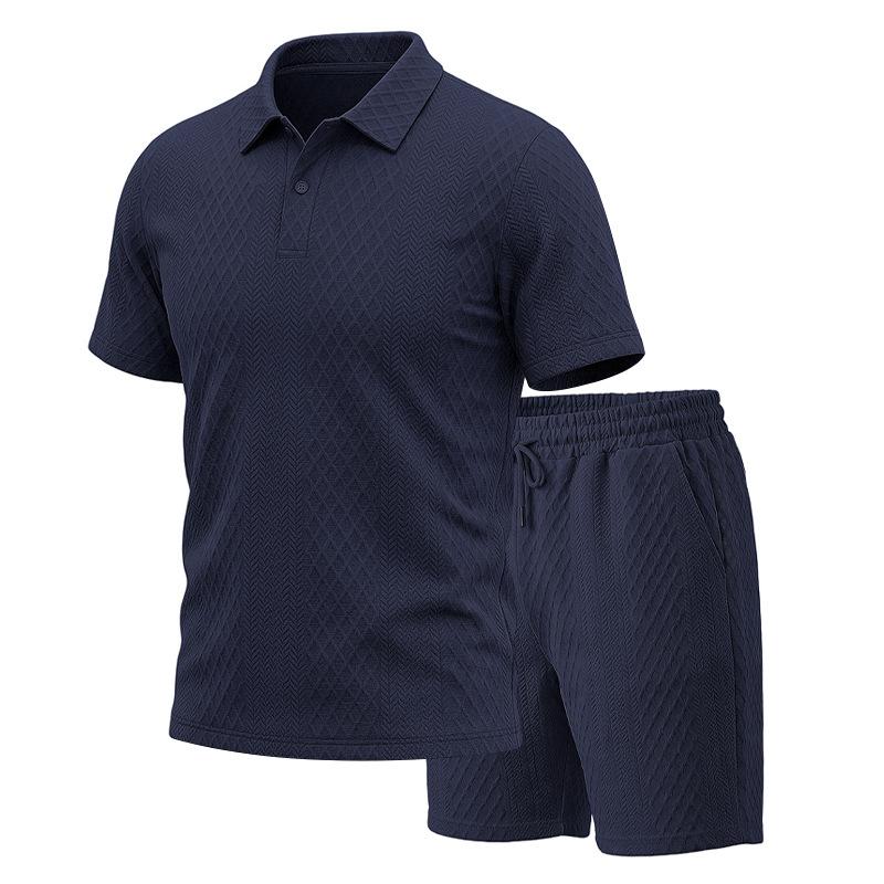 Men's Summer Jacquard Polo Shirt and Shorts Set Casual Loose Fit Lapel Collar 2-Piece Outfit
