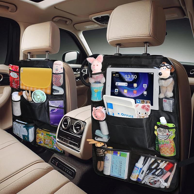 Backseat Car Organizer With Touch Screen Tablet Holder, Storage Pockets, Foldable Food Tray, Kick Mats Back Seat Protector, Travel Accessories For