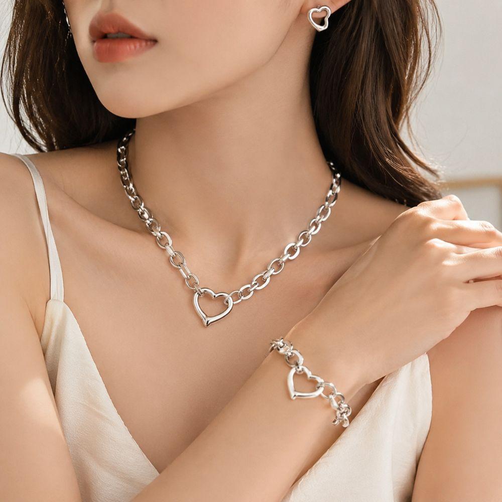 Stainless Steel Heart Necklace Polished Metal Bracelet Bangle Chain Bangle Anniversary Gift