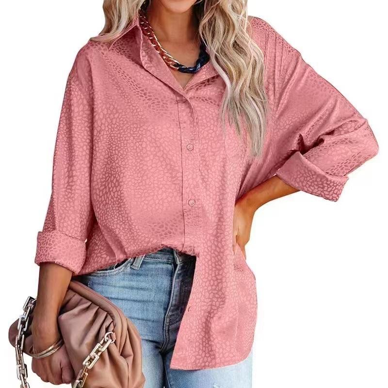 GMXIA Women's Fashion Casual Summer Leopard Print Long Sleeve POLO Neck Blouses & Shirts