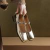 Fashion Women's New Spring and Summer Genuine Leather Cowhide Elastic Belt Buckle Low Heel Plus Size Square Toe Mary Jane Single Shoes