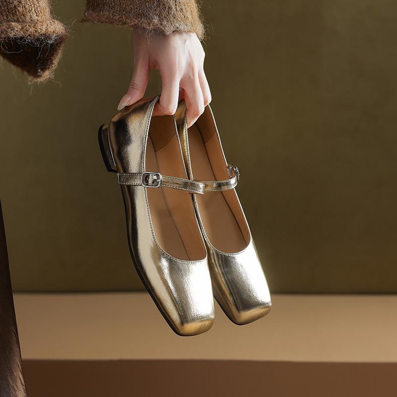 Fashion Women's New Spring and Summer Genuine Leather Cowhide Elastic Belt Buckle Low Heel Plus Size Square Toe Mary Jane Single Shoes