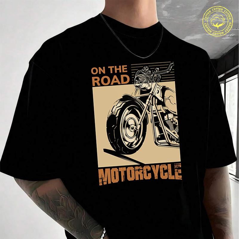 On The Road Motorcycle Men's Cotton T-Shirt Moto Casual O-neck Short Sleeve Summer Streetwear T