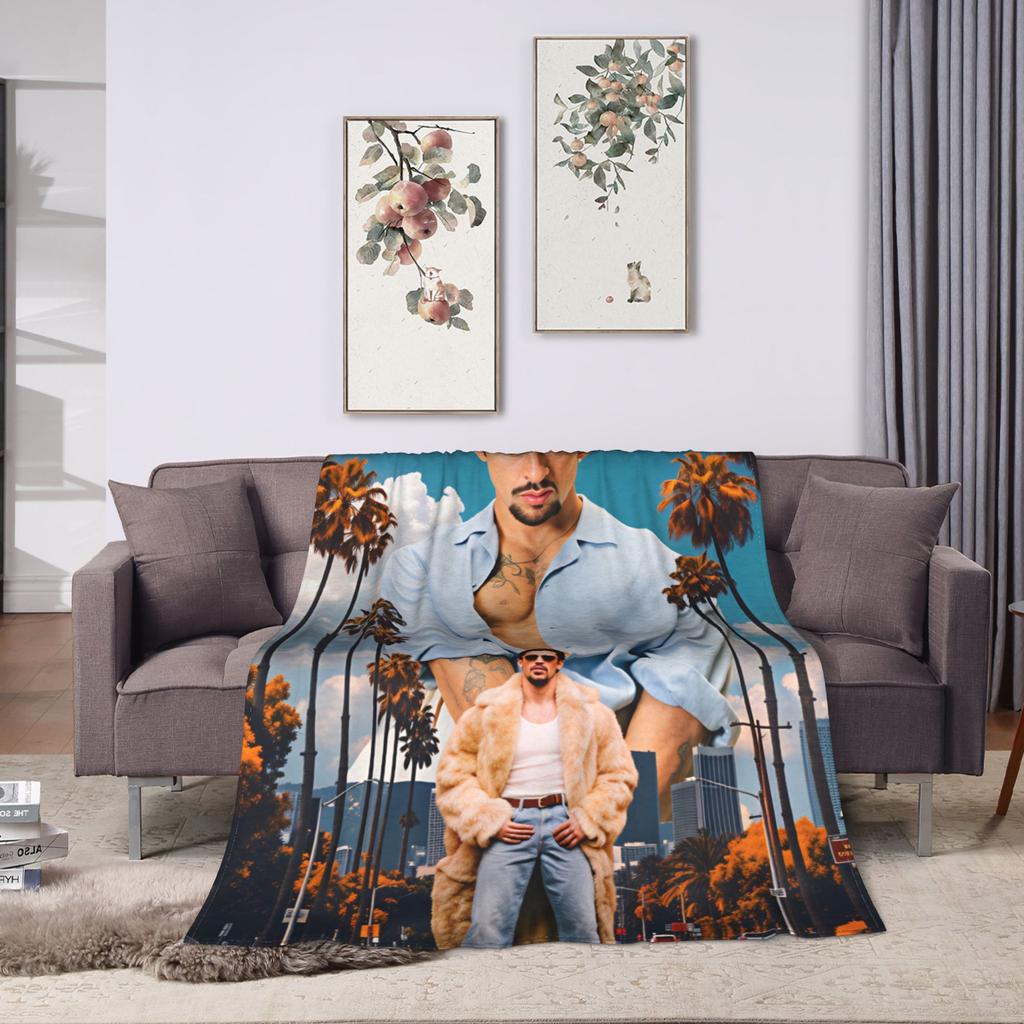 Bad Bunny Puerto Rican Rapper Portrait Blanket Soft Plush Throw Blanket For Kids Chair Sofa Bed Flannel Bedspread Bed Cover
