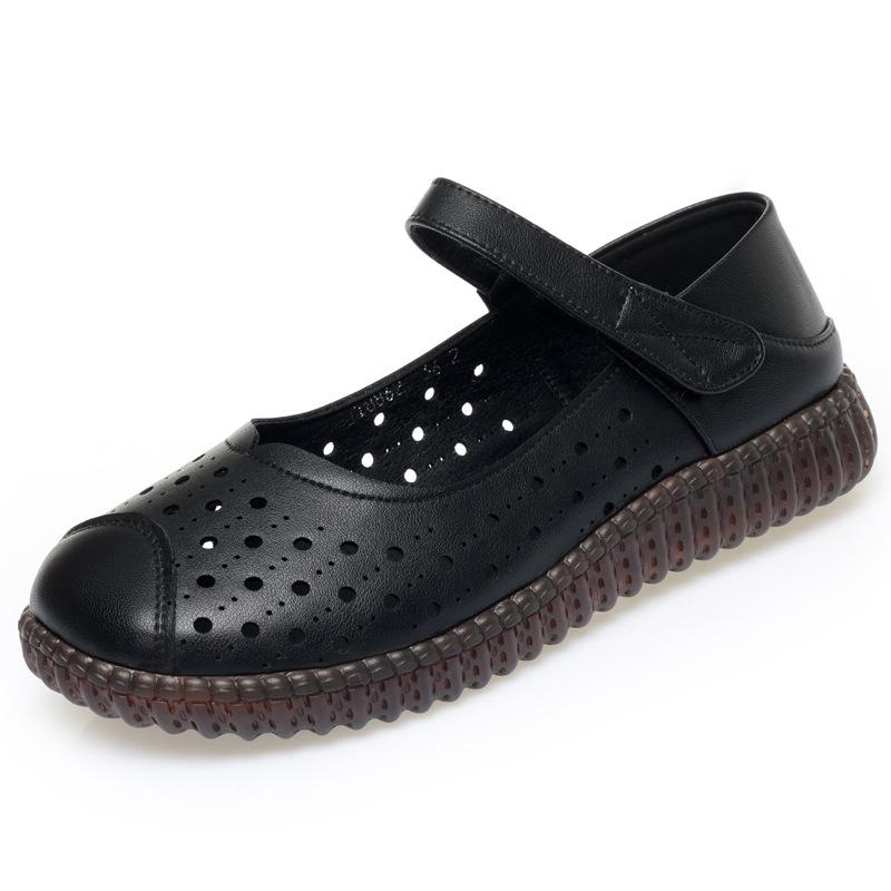 Breathable Comfortable Cutout Hole Shoes Flat Heels Loafers 2025 Summer Genuine Leather Shoes for Office Mom Big Size 41 42