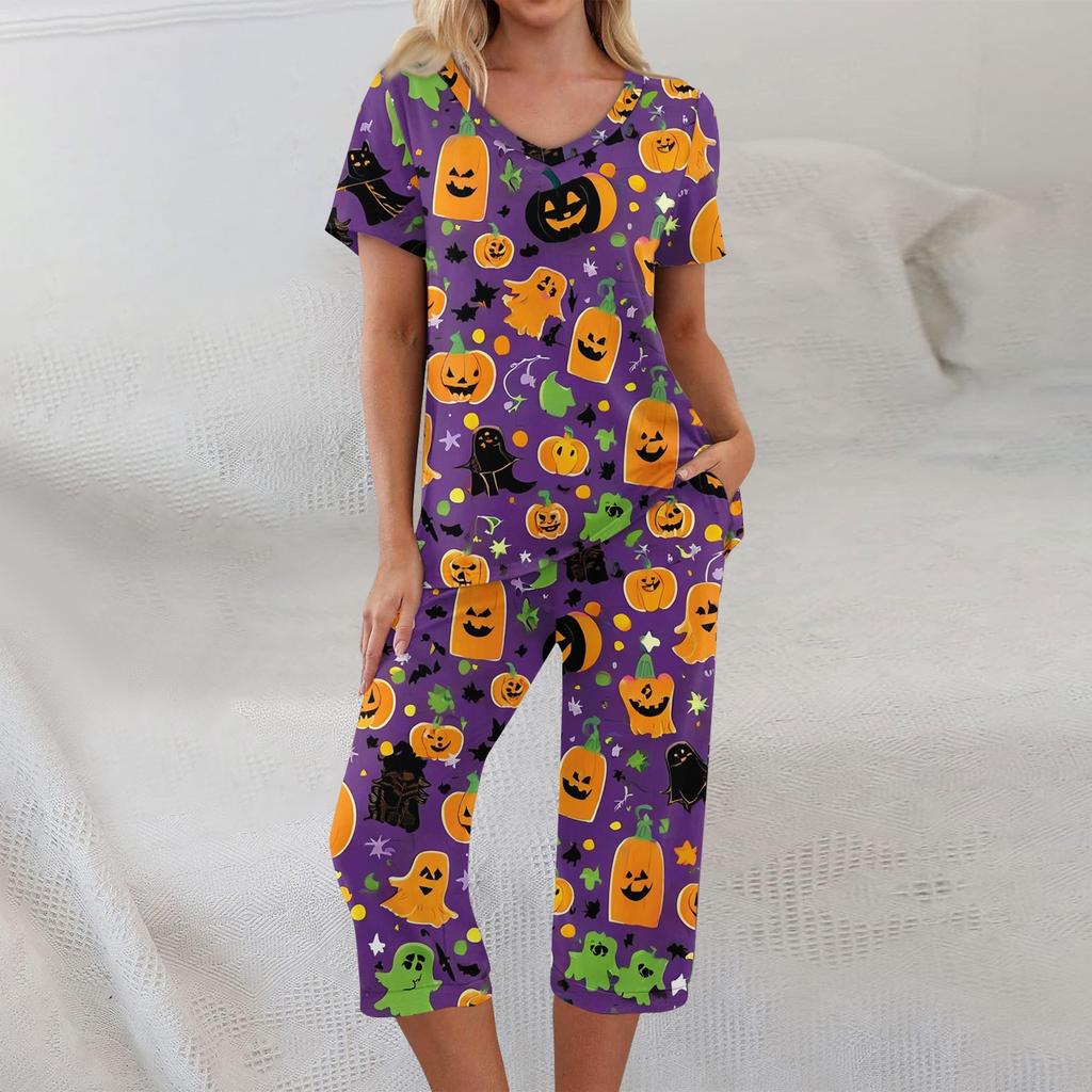 Dvoudílné soupravy pro ženy Krátký rukáv Top a Kalhoty s kapsami Cvičení Měkké Halloweenský potisk Soupravy