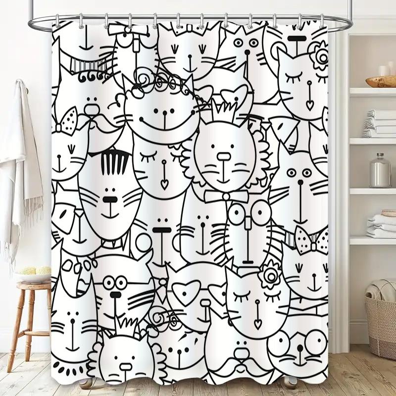 GAEAdorable Cartoon Cat Print Shower Curtain for Bathroom Decor Black White Houndstooth Pattern Waterproof FabricSize: 72x84in