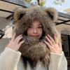 Raccoon Fur Teddy Bear Hat Scarf, One-piece Fur Snow Hat, Women's Winter Warm Double-sided Real Fur Soft and Cute Ears,