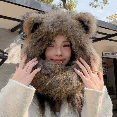 Raccoon Fur Teddy Bear Hat Scarf, One-piece Fur Snow Hat, Women's Winter Warm Double-sided Real Fur Soft and Cute Ears,