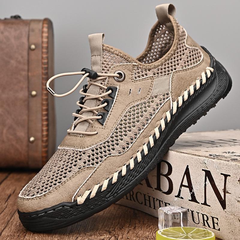 Fashion Men's Casual Mesh Shoes Large Size Breathable Trade Sneakers Shoes Handmade Cowhide Leather Splice Mesh Net Shoes C1165