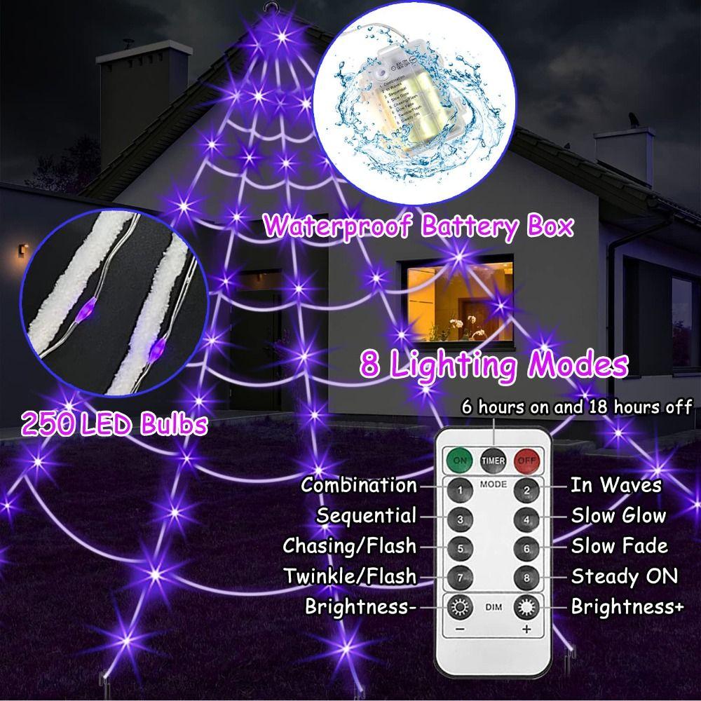 Waterproof Halloween Spider Web Lights 8 Modes Scary Giant Spider LED Spider Net  Garden Yard
