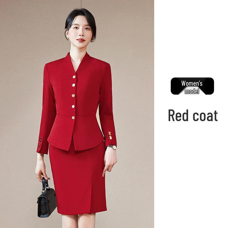 Women's 2025 Red Collarless Suit Jacket Set - New Style Salon Workwear for Professional Elegance