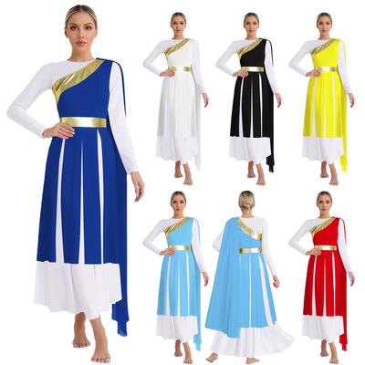 Womens Praise Dance Dress One Shoulder Drape Sleeveless Metallic Shiny Patchwork Slit Hem Tunic Worship Costume