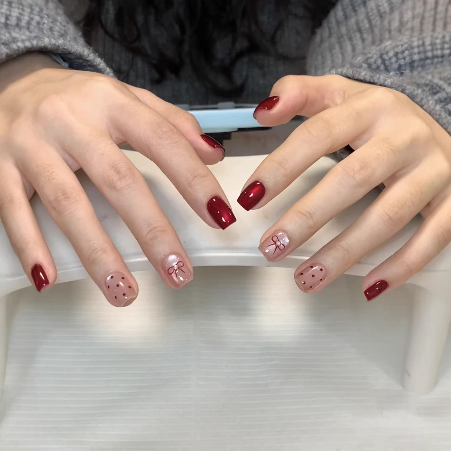 Handmade 5D Embossed Polka Dot  Bow Nail Set – Cat Eye Red/Pink Manicure. Size M