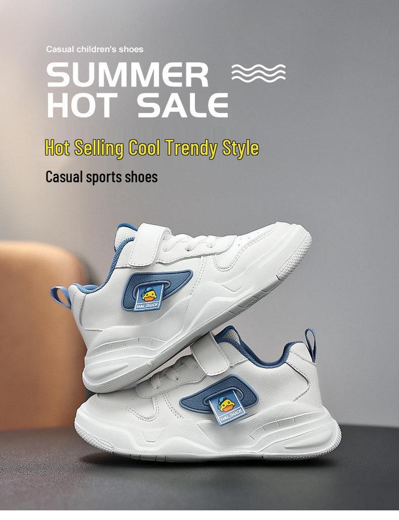 Little Yellow Duck Kids' White Leather Waterproof Sneakers - Unisex, Trendy, and Ideal for School and Performance.