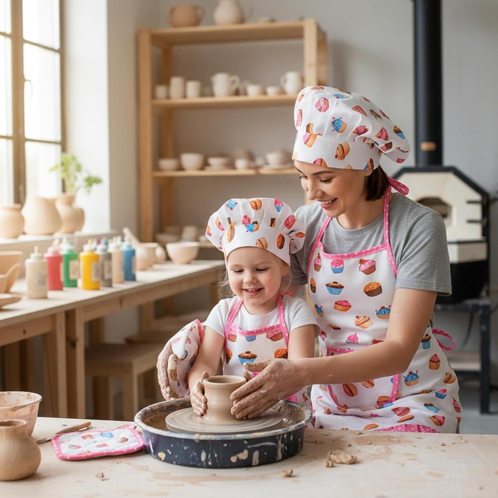 Chef Hat and Apron Set for Kids, Pink Sweet Cake Cooking Apron, Kids Aprons for Cooking, Adjustable Toddler Aprons with Pocket, Stocking Stuffer,
