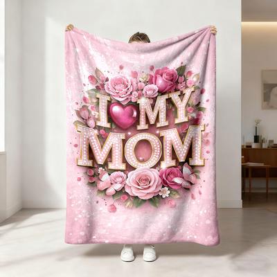 Mother's Day Flannel Blanket 230GSM I Love You Mom Floral Print Soft Cozy Throw Blanket Gift for Mom Grandma