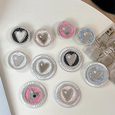 Korean Fashion Rhinestone Heart Leather Phone Holder with Mirror and Magnetic Stand